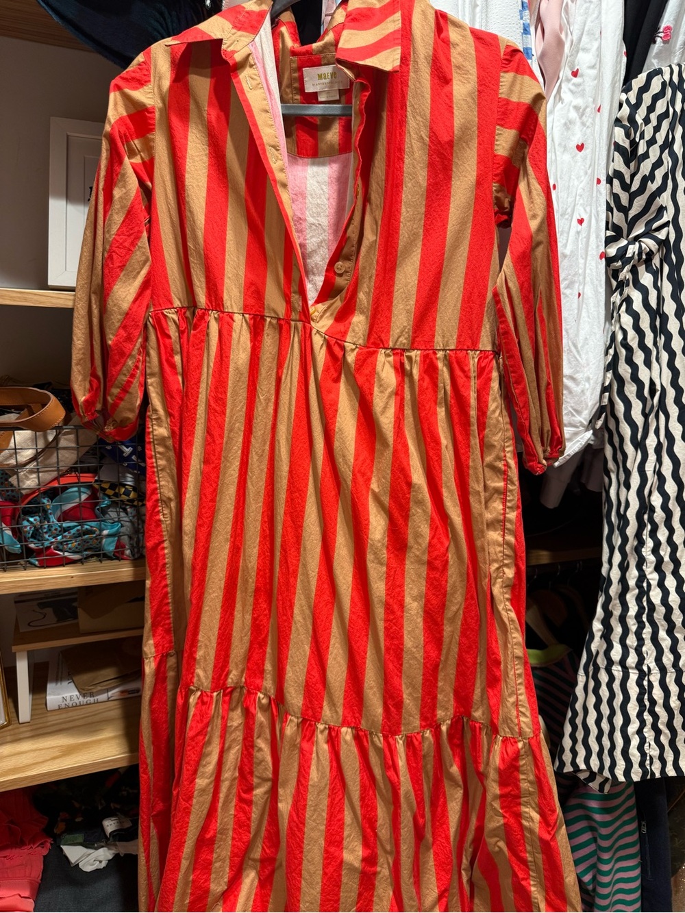 Anthropologie Red and Tan Striped Tiered Dress